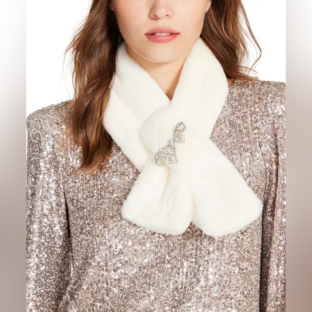 Steve Madden Women's Embellished Brooch Faux-Fur Scarf Ivory OS